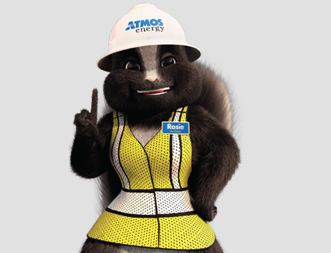 Rosie the Skunk with an Atmos' Energy hard hat on